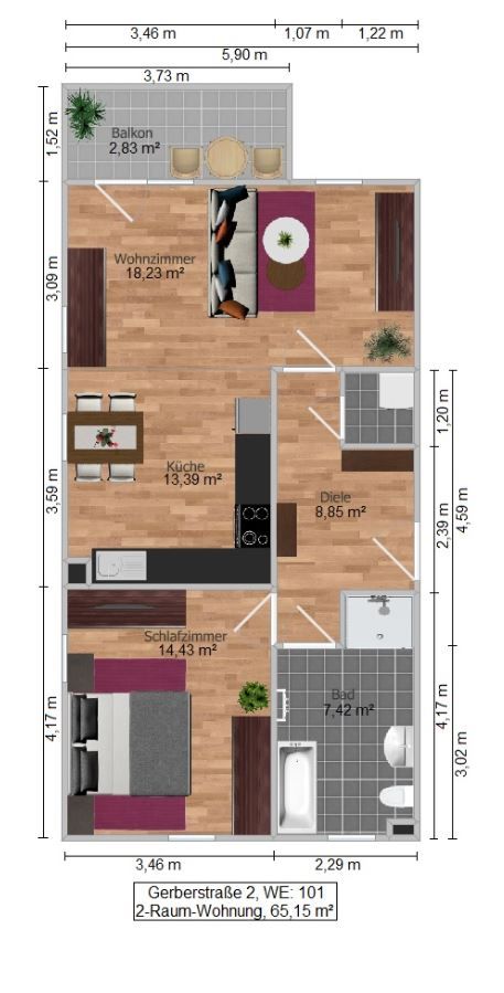 Gerberstraße 2 - Grundrisse - 2-Raum-Wohnung - EG bis 4-OG