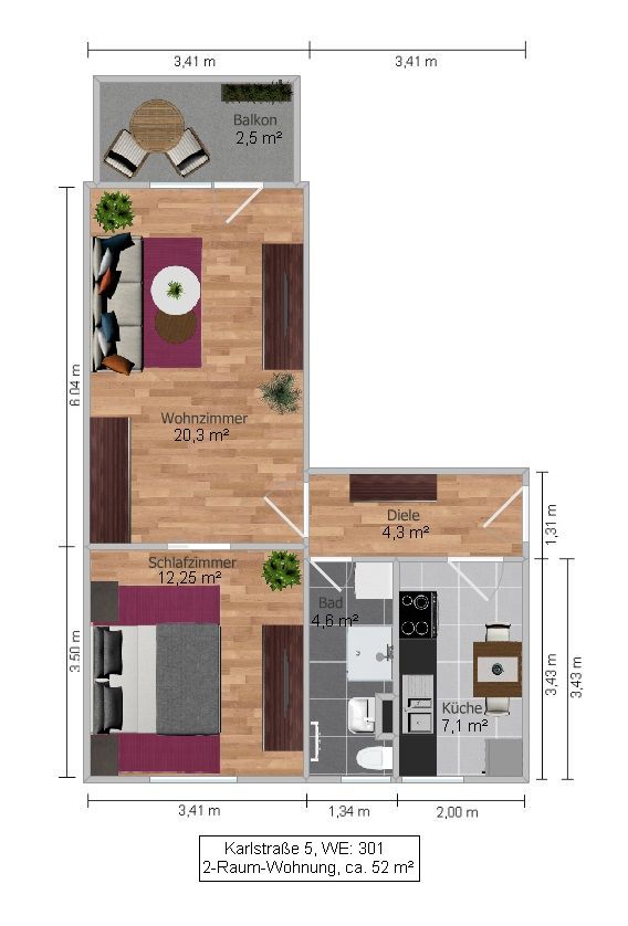 Grundriss-Skizze einer 2-Raum-Wohnung im 2. OG und 3. OG