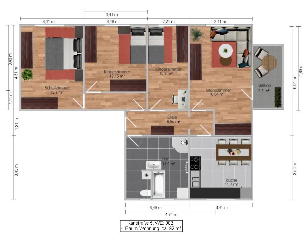 Grundriss-Skizze einer 4-Raum-Wohnung im 2. OG und 3. OG